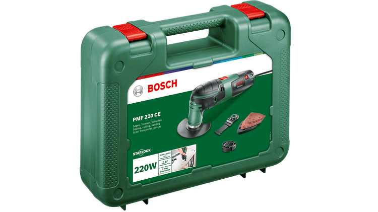 Coffret Outil multifonction Bosch - PMF 220 CE (Livré avec 1 lame segment  Bois & Métal, 1 lame plongeante Curved Tec, 1 plateau de ponçage, 6